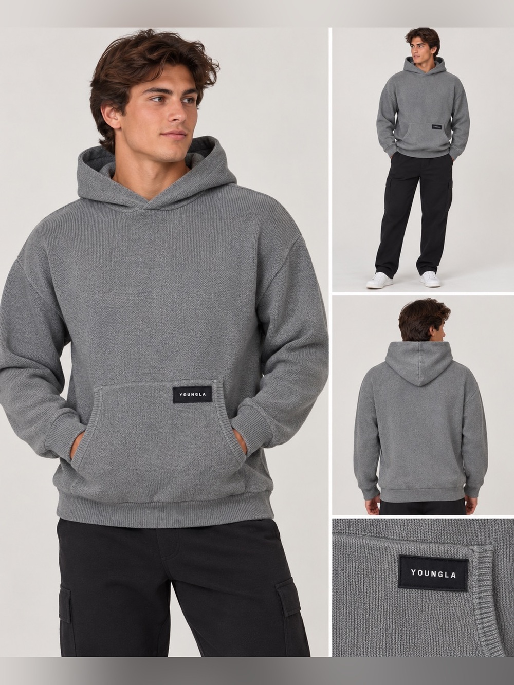 YoungLA Men’s 547 Knit Hoodie Gray Size Large 100% Cotton
